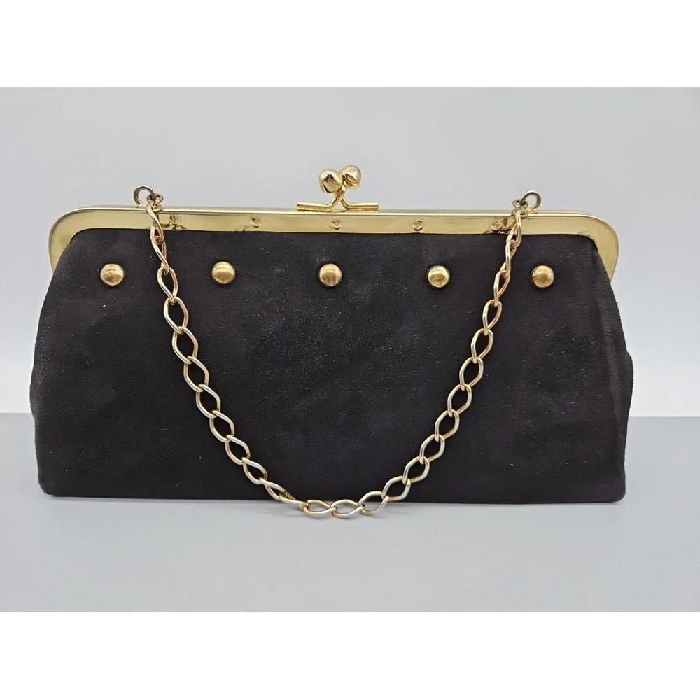 Vintage Black Suede Kiss Lock Evening Clutch Gold Studded Chain Strap Bag